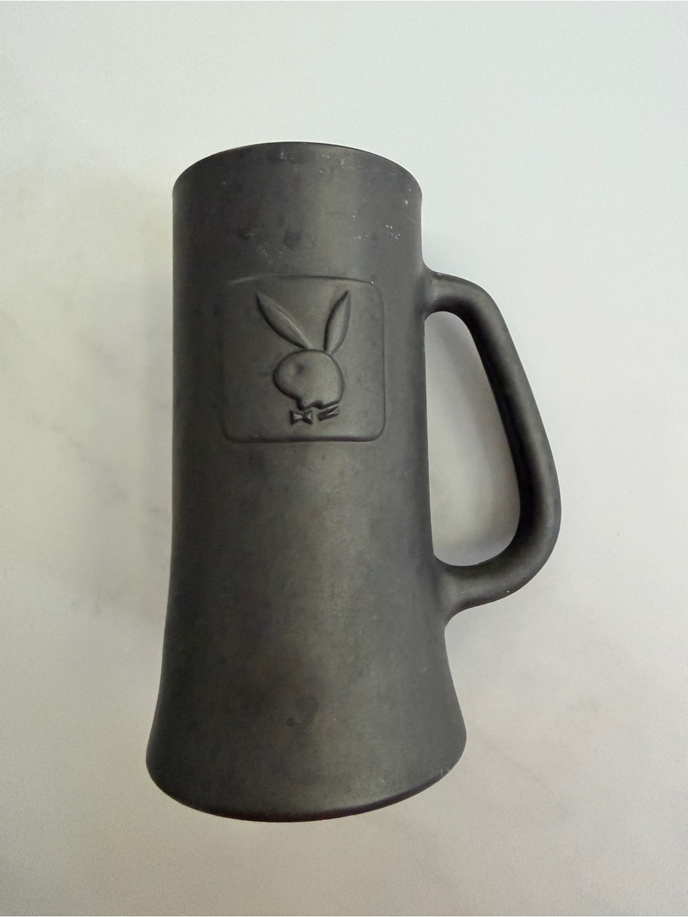 Vintage Playboy Matte Black Frosted Glass Beer Stein Mug Raised Bunny Logo 1970s